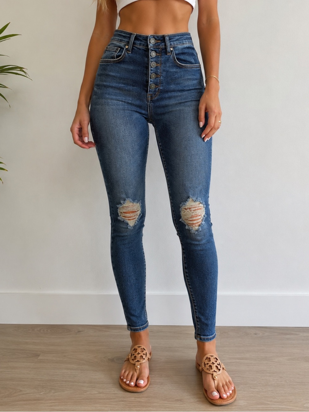 Free People Button Fly Sabrina Distressed High Waist Skinny Jeans Size 28